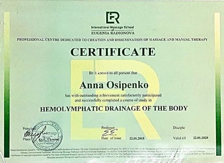 Certyfikat: Hemolymphatic Drainage of the Body, International Massage School Eugenia Radionova, 2018