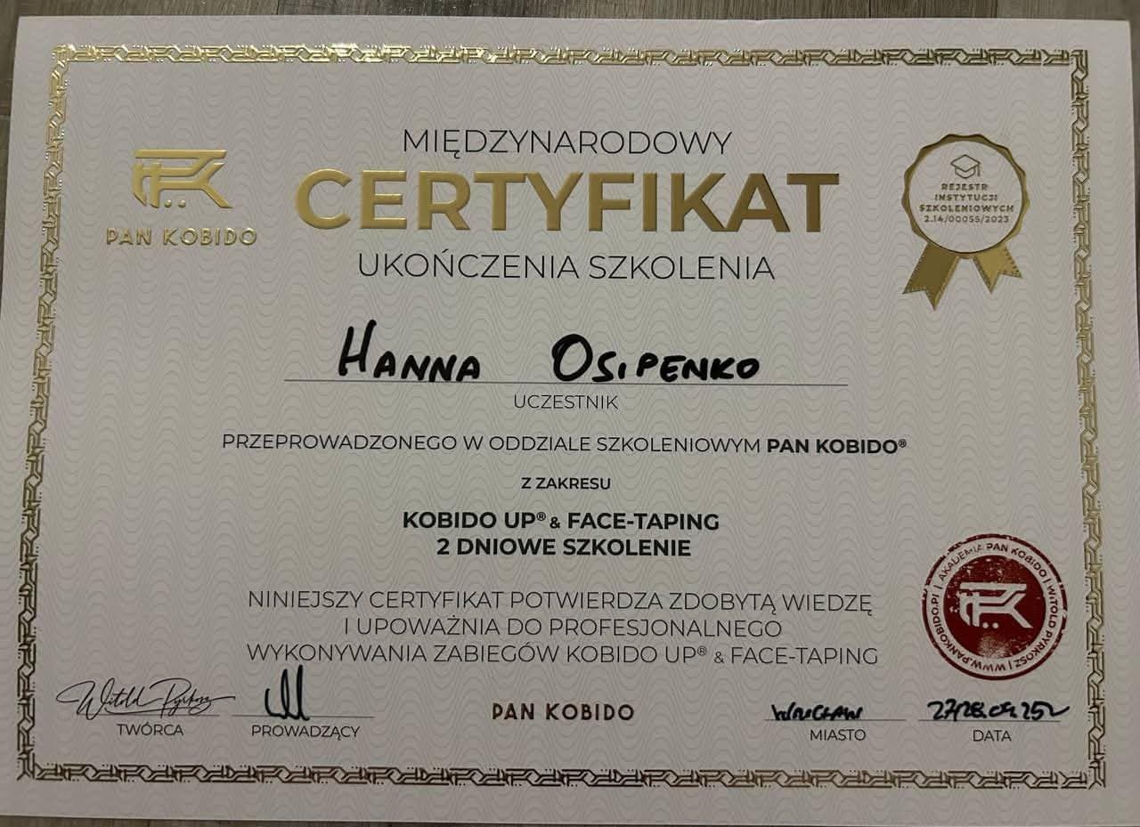 Certyfikat: Kobido Up® & Face-Taping, Pan Kobido — Akademia Pan Kobido Witold Pyrkosz, 2025