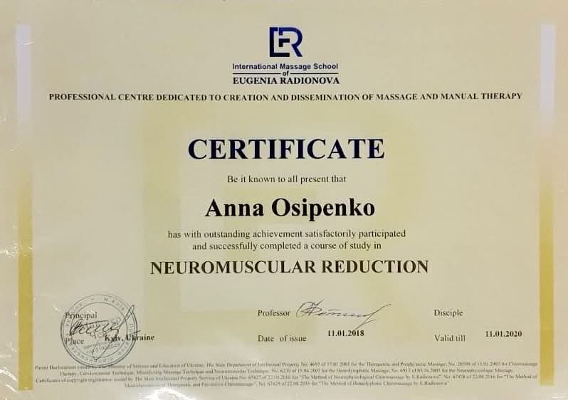 Certyfikat: Neuromuscular Reduction, International Massage School Eugenia Radionova, 2018